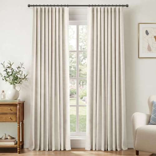 100% Blackout Shield Full Blackout Curtains for Bedroom 84 inch Length 2 Panels Set, Clip Rings/Rod Pocket Faux Linen Black Out Curtains for Living Room, Thermal Insulated, 50Wx84L, Beige