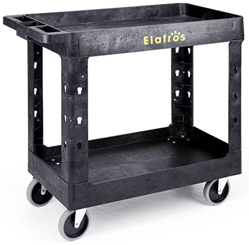 ELAFROS Slitstark verktygsvagn i plast 86 x 45 cm – arbetsvagn badkar förvaring med djupa hyllor och fulla svängbara hjul rymmer säkert upp till 250 kg – 2 nivåer servicevagn för lager, garage, rengöring