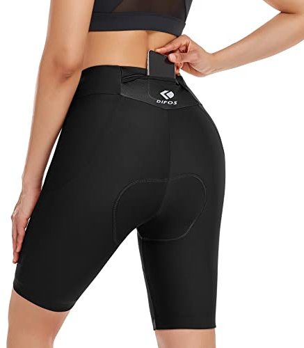DIFOS Radlerhose Damen Gepolstert High-Waist Fahrradhose Kurz mit 4D Sitzpolster Radhose Schnell Trocknende Gesäßtasche Schwarz M
