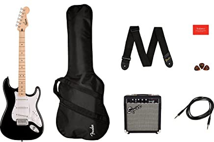 Squier by Fender Sonic Stratocaster Electric Guitar Pack, Maple Fingerboard in Black, Gig Bag, Squier Frontman 10W Amp, Picks, Strap, Cable, Comes with Free Virtual Lessons