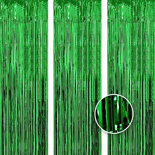 Owill 3pcs 3ft X 8.3ft Green Metallic Tinsel Aluminum Foil Curtains | Flow Silk Curtain Background Streamer Birthday Party Wedding Holiday Backdrop Decoration