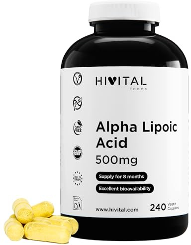 Acido Alfa Lipoico (ALA) 500 mg. 240 capsule vegane per 8 mesi di trattamento. ALA Granulare con la massima biodisponibilità e assorbimento. Prodotto in Europa da HIVITAL