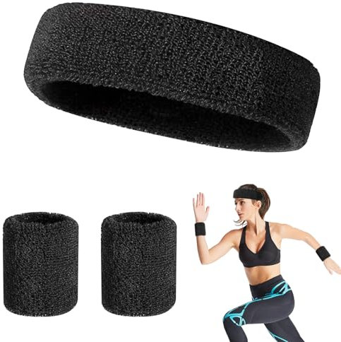 Sweatband pour le sport, 3 pièces absorbant Sweatband Set doux coton Sports Headband Poignet 1 bandeau pour la tête et 2 bracelets pour les sports hommes et femmes (noir)