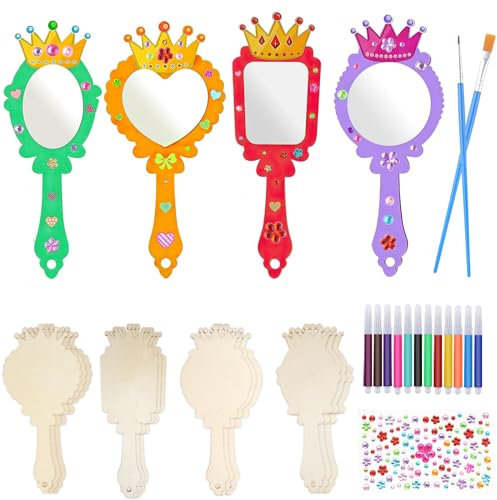 Deepton DIY Holzspiegel Handwerk, 12 Stücke Bastelset Kindergeburtstag, Spiegel Basteln Kinder, Holz Prinzessin Kosmetikspiegel, Unvollendete Handspiegel, Holzspiegel zum Bemalen (4-farbige Kronen)