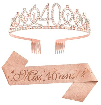 (2 pcs) Couronne 40 Ans Anniversaire Echarpe 40 Ans Diadème Tiare de Couronne 40 Ans Or Rose Écharpe Happy 40th Birthday Décoration Ensemble d'anniversaire 40 Femmes