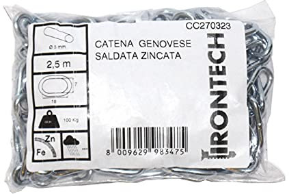 Catena Saldata Genovese In Acciaio Zincato - Catena a Maglia Zincata Elettrolitica - Alta Resistenza - 100% Made in Italy - Disponibile in Diverse Misure e Diametri (Ø 3 mm. - 2,5 mt)