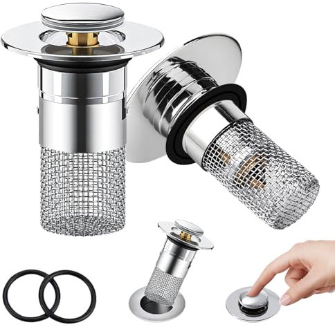 2 Stück Waschbeckenstöpsel 34-40mm Abfluss Ablauf Abflussstopfen mit Sieb, Pop Up Stöpsel Waschbecken aus Edelstahl Siebstopfen mit Haarsieb Universal Excenterstopfen Abflusssieb für Waschbecken