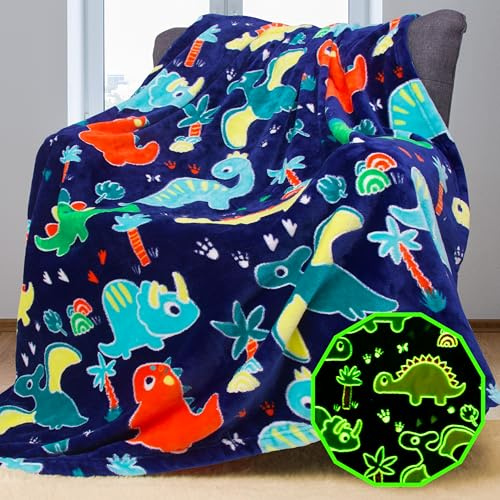 YISUMEI Glow in the Dark Dinosaur Throw Blanket, 130 x 155cm, Soft and Wram, Cartoon Jurassic dinosaur Design, Gift for Kids.