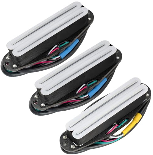 Musiclily Pro ST-DPHA Rail Blade Alnico 5 Humbucker Pickuper Single Coil Format Super Distortion Neck Middle Bridge Set för Strat Style Elgitarr, Vit Kropp Krom Rail