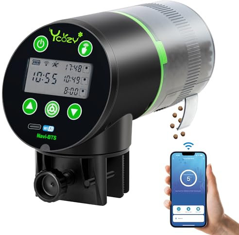 Ycozy WiFi Futterautomat Aquarium, Steckernetzteil Fischfutter Automat mit USB-C-Kabel, Gesteuerter Timer Futterautomat Fische mit LCD Display Futterautomaten für Aquarium Navi-BTS