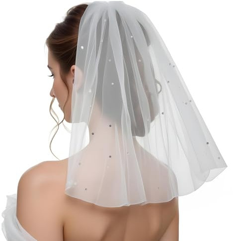 Hochzeit Brautschleier, Kurzer Tüll Schleier für die Braut Hochzeits, Kurzer Einlagiger Braut Hochzeitsschleie, Weiß Kurz Strass Schleier für JGA Junggesellinnenabschied Hochzeit Schleier Hen Party