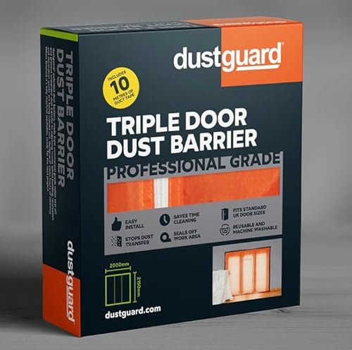 dustguard®, Barrière anti-poussière à triple porte, facile à installer (215 cm H x 200 cm l), scelle la zone de travail. * Qualité professionnelle* Lavable en machine et réutilisable. Design breveté.
