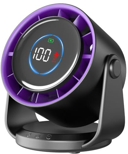 Rintea Tischventilator Wiederaufladbar,USB Ventilator Geräuscharm,100 Geschwindigkeiten mit Memory Funktion, LED Anzeige,115° Drehbar,Aufhängbar, für Schlafzimmer Büro Küche Camping [grau]