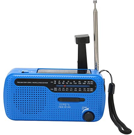 Radio d'urgence à manivelle Radios Solaire à manivelle avec Chargeur de téléphone USB, Lampe de Poche, Radio AM/FM Portable pour l'extérieur (Bleu)