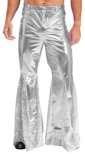 Miaeowve Pantaloni a zampa da uomo anni '70 anni '80, costume da discoteca, con brillantini, con paillettes, gamba larga, elasticizzati, jazz, taglia S-3, argento, L