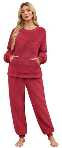 Niwicee Womens Pyjamas Fleece Pyjamas Set Winter Soft fluffy Ladies 2 Piece Pjs Loungewear Set Warm Crew Neck Longsleeve Tops and Thermal Bottoms Nightwear Sleepwear with Pocket S-XXL