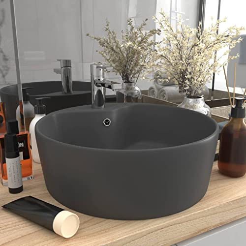 Lavabo de Cerámica Gris Oscuro Mate, con Rebosadero y Orificio para Grifo, Diseño Redondo Moderno para Baño, Aseo o Tocador, Fácil de Limpiar, 36x13 cm