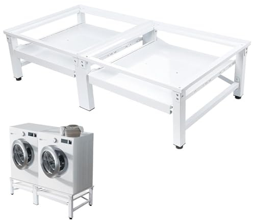 Dubbel tvättmaskinsunderrede i metall med utdragbara hyllor – 126 (L) x 54 (B) x 52 (H) cm – max. 300 kg, 2-vägs tvättmaskinsbas underskåp underkonstruktion piedestal upphöjning för torktumlare