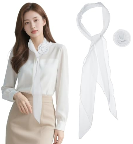 YELARXI Chiffon Scarf for Women, Long Skinny Chiffon Neckerchief with Detachable Rose Flower Light Soft - Fitting for (Hair Ribbon - Headband - Dresses-Bridal Scarve) 47 in & White