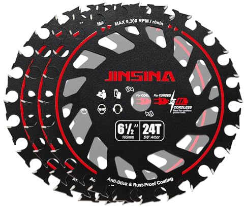 JINSINA 3PCS 6-1/2” Framing Circular Saw Blades for All Cordless Saws, 24T Fine Finish TCT Cutting Saw Blade, Light, Thin Kerf, Energy Efficient for Cutting Wood, Plywood, MDF, OSB, Hardwood, Softwood