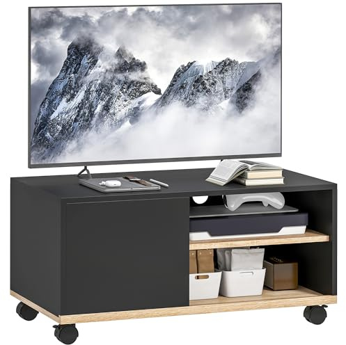 HOMCOM Mueble de TV con Ruedas, Mesa de TV Móvil, Mueble para Televisión hasta 42 Pulgadas, con 1 Puerta, 2 Compartimentos Abiertos, Estante Ajustable, para Salón, Comedor, Dormitorio, Negro
