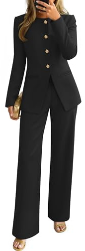 ZESICA Women's 2026 Spring Two Piece Suits Set Casual Business Long Sleeve Blazer Jacket Wide Leg Pants Work Outfits Sets,Black,X-Large