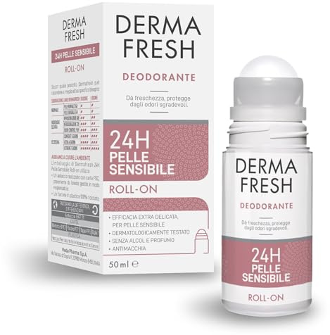 Dermafresh Deodorante Roll-On Efficace 24h, 50 ml, Pelle Sensibile, Efficacia Extra Delicata, Antimacchia, Freschezza Immediata, Senza Alcol e Profumo, Dermatologicamente Testato