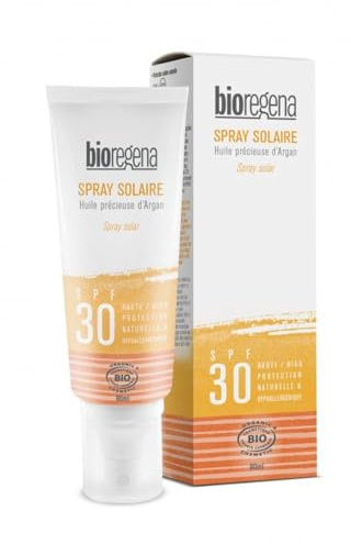 Bioregena | Spray solaire SPF30 Adulte Bio | Haute protection solaire | Haute tolérence & Résiste à l'eau | Formule hypoallergénique | Pénètre rapidement & Ne colle pas | Made in France | 90 ml