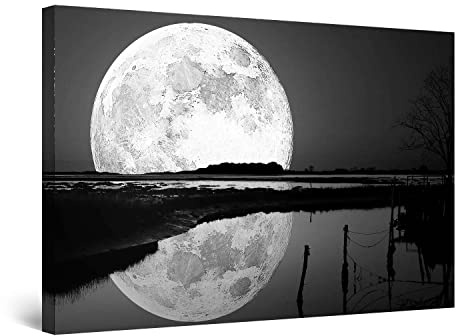 Startonight Quadro su Tela Bianco e Nero Riflesso Della Luna, Stampe Incorniciato e Pronta da Appendere Design Moderno Arredamento Arte Fotografia Grande Formato 80 x 120 cm Luminoso al Buio