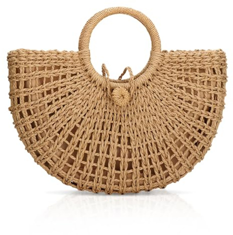 FENBEN Straw Hobo Bags for Women Round Beach Purse Large Woven Bag Vacation Handbag Khaki