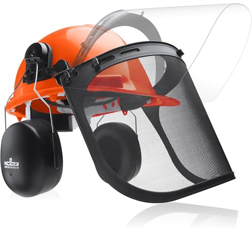 NoCry 6-in-1 Industrial Chainsaw Helmet with Face Shield and Ear Muffs — Mesh & Clear Plastic Visors Included — ANSI Z89.1 Certified — Adjustable Headgear — Ideal for Forestry and Arborist Work