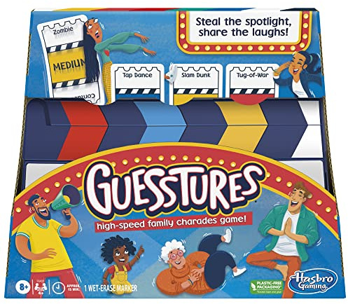 Hasbro Gaming Guesstures Game, Charades Games for 4 or More Players, Includes Customizable Cards and Clapper, Family Party Game for Ages 8 and Up