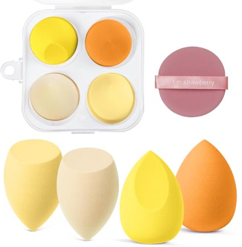 AUAUY Spugnette Trucco, Spugna di Bellezza per Fondotinta 4 pz con 1 Supporto e 1 piumino da cipria，applicatore cosmetico multicolore per uso asciutto e bagnato per Liquidi, Crema e Polvere （Giallo）