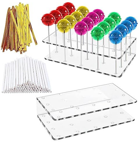 ‎CTDMJ 2Piezas Soporte para Cake Pop Soporte para piruletas con 15 Agujeros con 100 palitos Cake Pops y 100 bramantes Dorados Transparente Soporte Cake Pops para Dulces Boda Cumpleaños Hornear