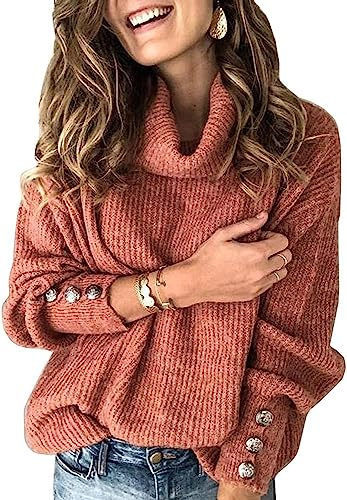 Wenrine Pull à col roulé pour femme - Oversized - Hiver - Manches longues - Tricoté - Casual - Chaud - Décontracté - Tricoté avec boutons métalliques, rouge, M