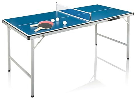 Orbisana Tischtennis Set - Mini Tischtennisplatte Indoor, platzsparend klappbar, Midi-Größe (150 x 67 x 69 cm), Komplett mit Netz, 2 Holzschlägern, 3 Bällen - Ideal für Jung und Alt