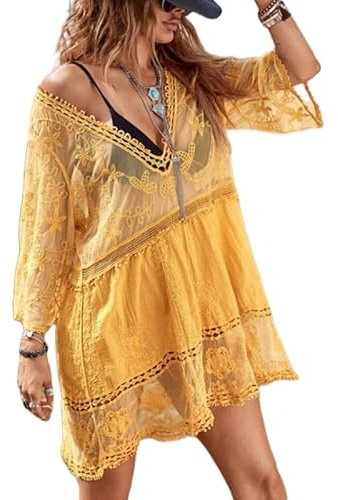 LIUYUYOUGO Strandöverdrag för dam, strandklänningar för kvinnor, spets, virkad bikini, strandöverdrag, v-ringad, stranddräkt, baddräkt, blommig ihålig bikini strandblusar, Boho A, Gul, one size