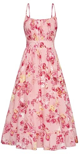 GRACE KARIN Women's Summer Dresses Spaghetti Straps A-Line Midi Dress Sleeveless Floral Beach Dress Pink with Red Flowers XL