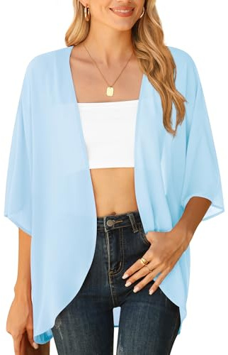 YGJIEGENG Kimonos for Women, Beach Cover Up, Summer Cardigan, Light Blue, M
