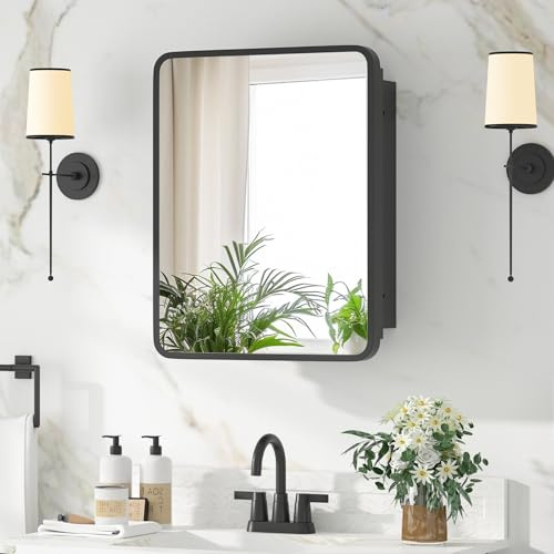 YTSMIR Medicine Cabinet with Mirror, 14x18 Inch Black Bathroom Mirrored Cabinet, Metal Framed Wall Cabinet with Beveled Mirror, Modern Surface Mount or Recessed Medicine Cabinet with Storage