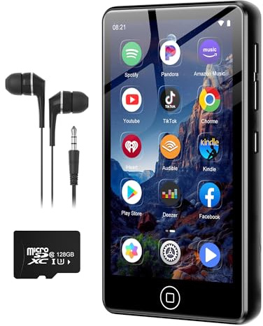 Lettore MP3 Spotify da 144 GB con Bluetooth e WiFi, AGXOV MP4 Lettore Musicale con Schermo Touchscreen da 4,02 Pollici, MP3 Android Portatile con Audible, Deezer, Play Store, Nero