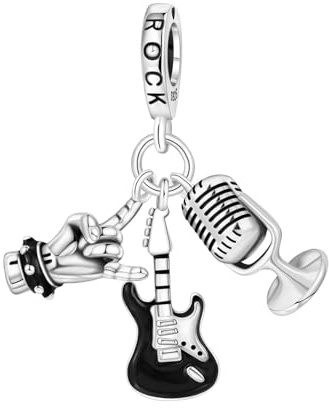 SBUTUXC Ciondolo a forma di chitarra, microfono e mano rock in argento sterling S925 con smalto nero, ideale per bracciali e collane.