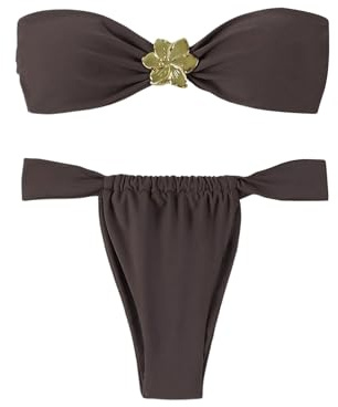 Women's 2 Piece Bikini Set Metal Floral Bandeau And High Cut Thong Summer Swimsuit(S)
