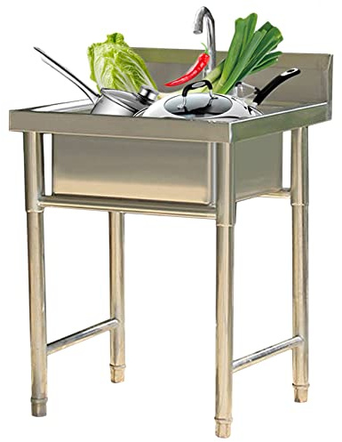 WIQUYBML Fristående diskho 304 rostfritt stål diskbänkar för tvättstuga med kran och avlopp, industriell garage kommersiell restaurang, verkstad – 60 cm