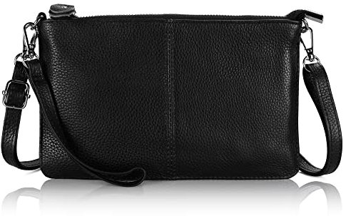 100% Echtes Leder Umhängetasche, 【Klein】Befen Damen Echtleder Umhängetasche mit Schulter & Handschlaufe, Lady Crossbody & Wristlet Bag Clutch, Fit Phone 8 Plus (Schwarz 【echtleder + 2 Riemen】)