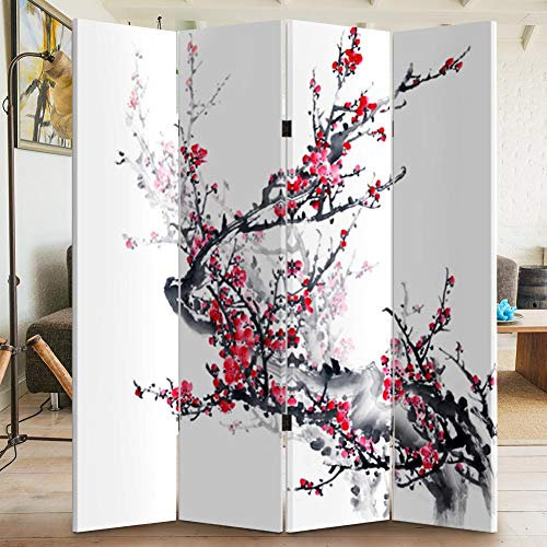 BAKAJI Paravento Separè 4 Pannelli Struttura in Legno Rivestimento in Tela con Stampa Fronte Retro Ciliegio Giapponese Divisorio Richiudibile Pieghevole Design Moderno (180 x 160 cm Rosa)