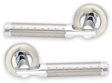 Infinity Decor Coppia di maniglie per porta in zinco a doppia tonalità Layton con rosetta rotonda – Maniglie a molla per uso interno ed esterno