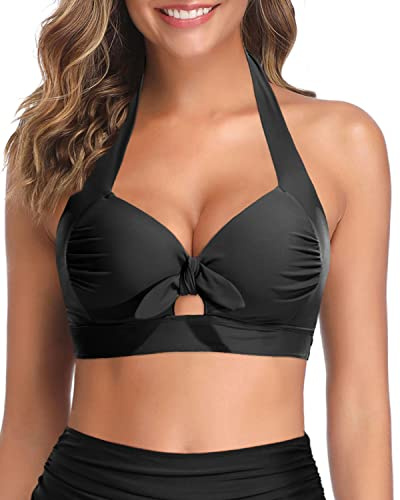 Tempt Me Women's Solid Black Bikini Top - Push Up Halter Retro Bathing Suit - Tie Knot - Padded Swimsuit Top Only L