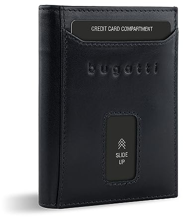 bugatti Secure Slim Mini Börse Spezial mit XL-Münzfach und RFID-Schutz aus Leder, schwarz