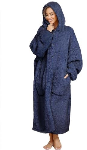 ililmmoe Coperta indossabile oversize per donne, Coperta in pile spessa con cappuccio per adulti, Accogliente sherpa con cappuccio come regalo per mamma, Navy, One Size
